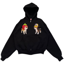 Load image into Gallery viewer, A black zip-up hoodie with a front graphic showing two small dogs wearing novelty hats, displayed on a solid white background.

