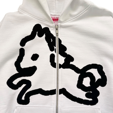 Load image into Gallery viewer, A white zip-up hoodie featuring a large black abstract line-art graphic on the front, with a silver zipper and a pink interior neck label.
